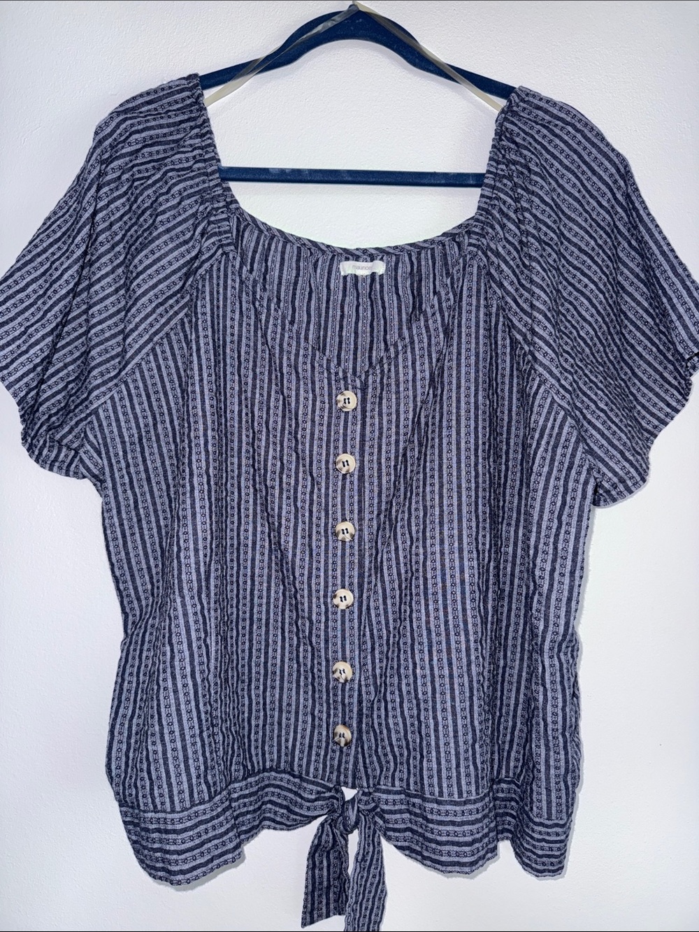 Maurices Navy Striped Button-Front Tie-Hem Top